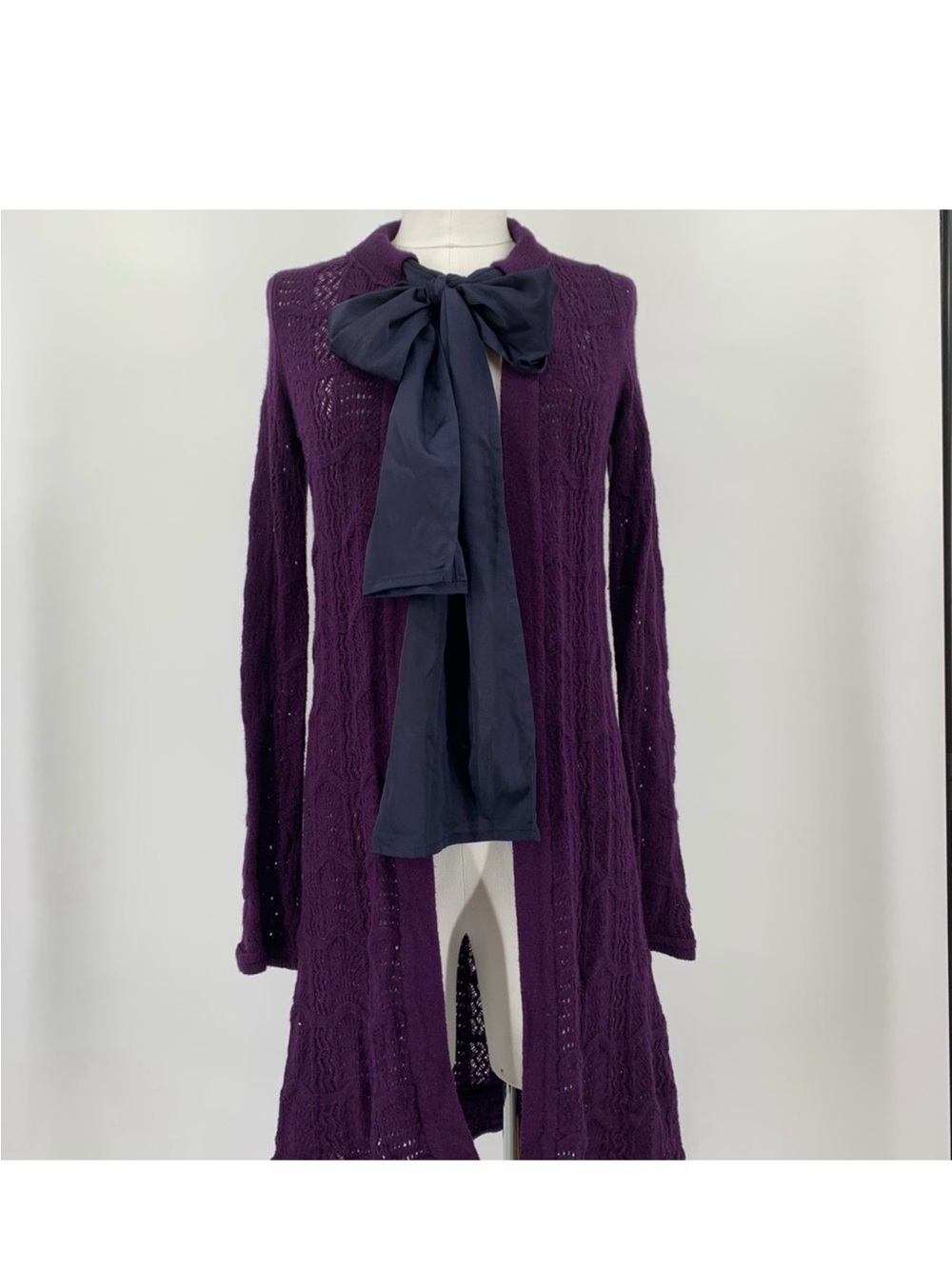 Anthropologie Purple Open-Front Cable Knit Cardigan with Navy Bow